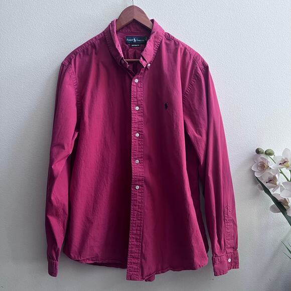 Ralph Lauren Custom Fit Stripe Red Blue Pony Button Down Shirt Men's Size XXL - Picture 1 of 7